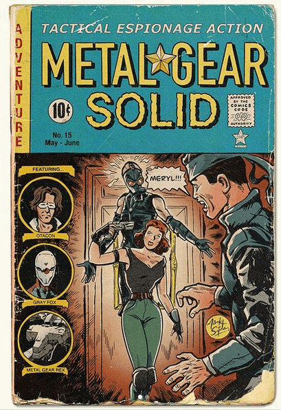 Fausse couverture de comics vintage inspirée du jeu Metal Gear Solid